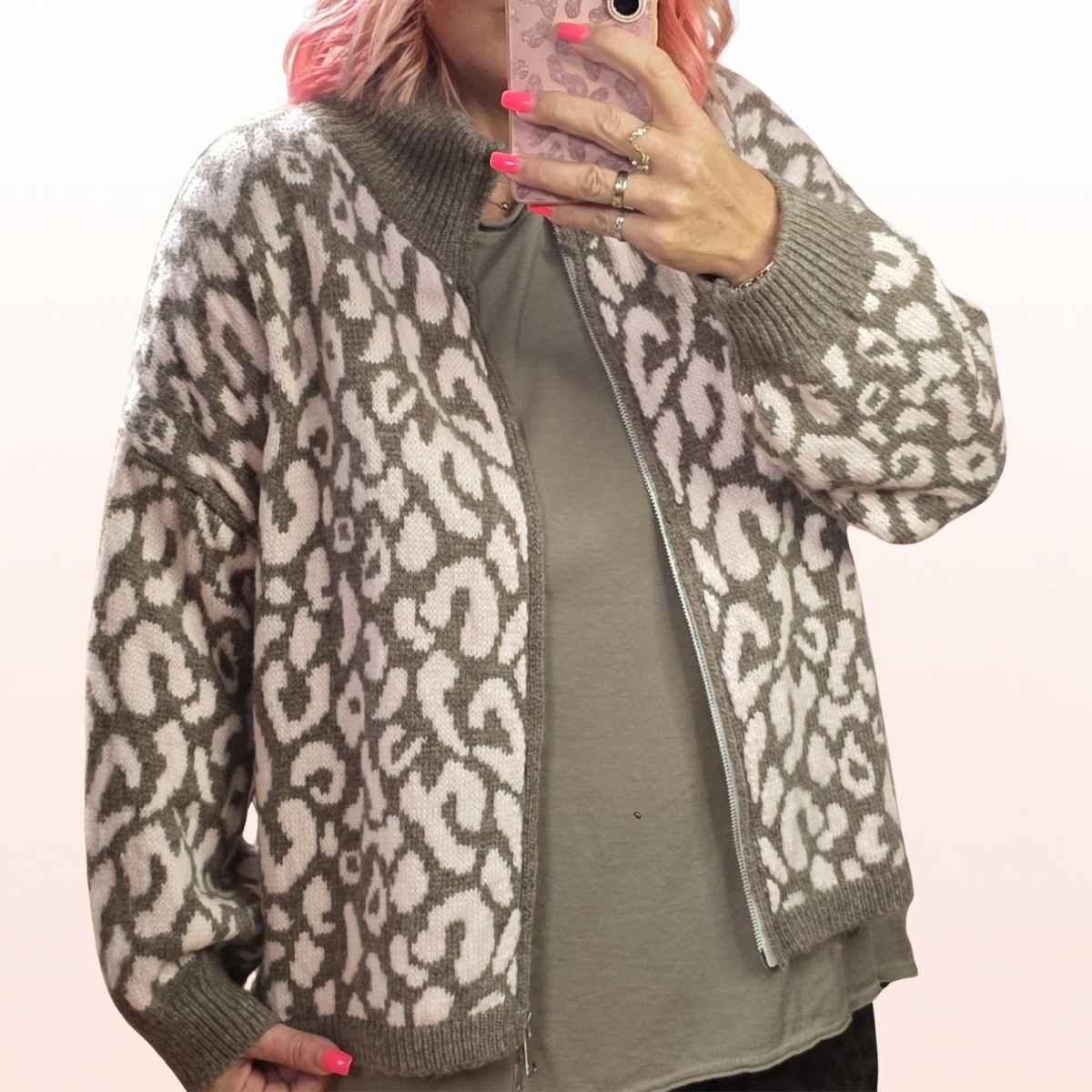 Strickjacke Leo Zipper Taupe-Rose
