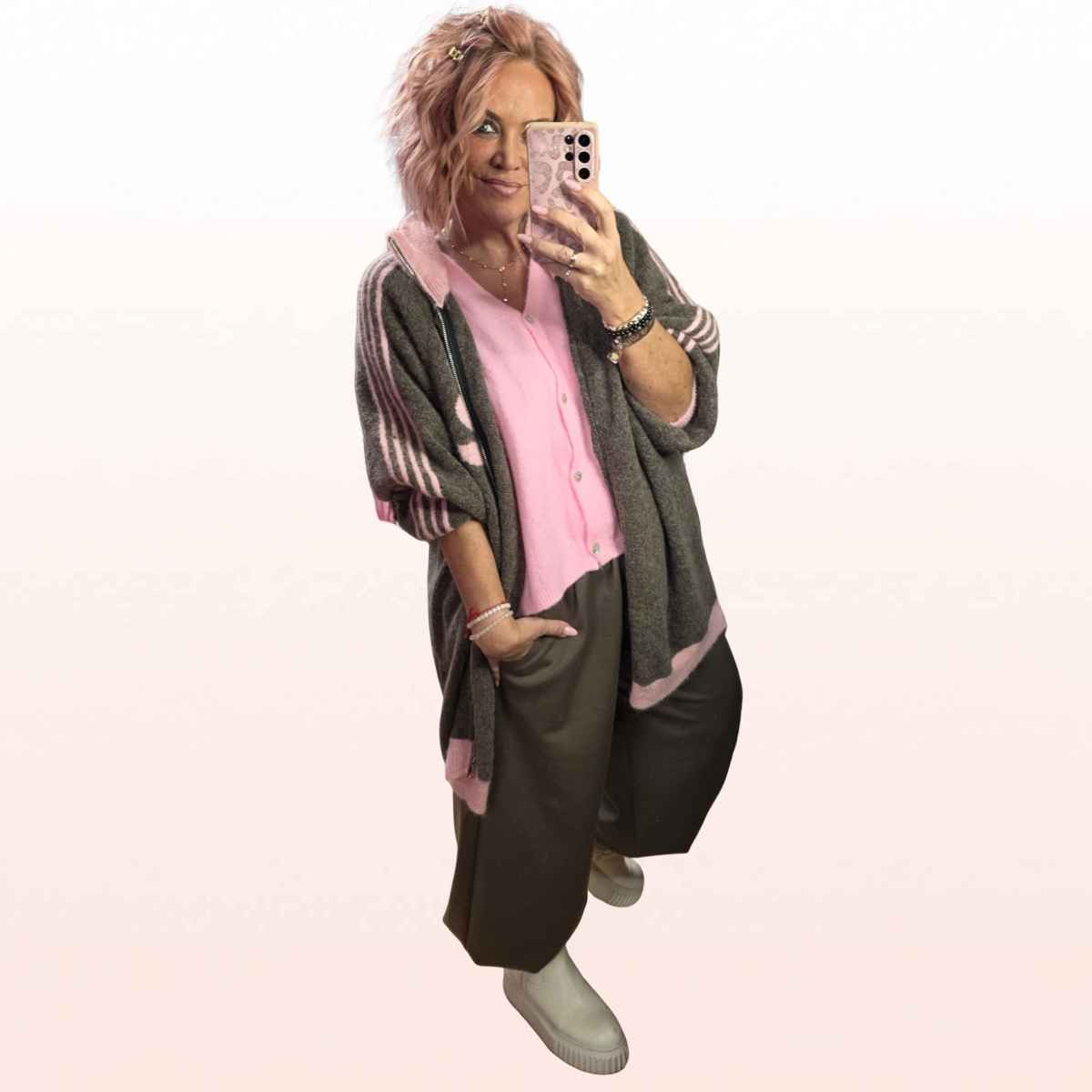 Oversize Strickjacke Stripes Taupe-Rosa – sportlicher Zip-Cardigan