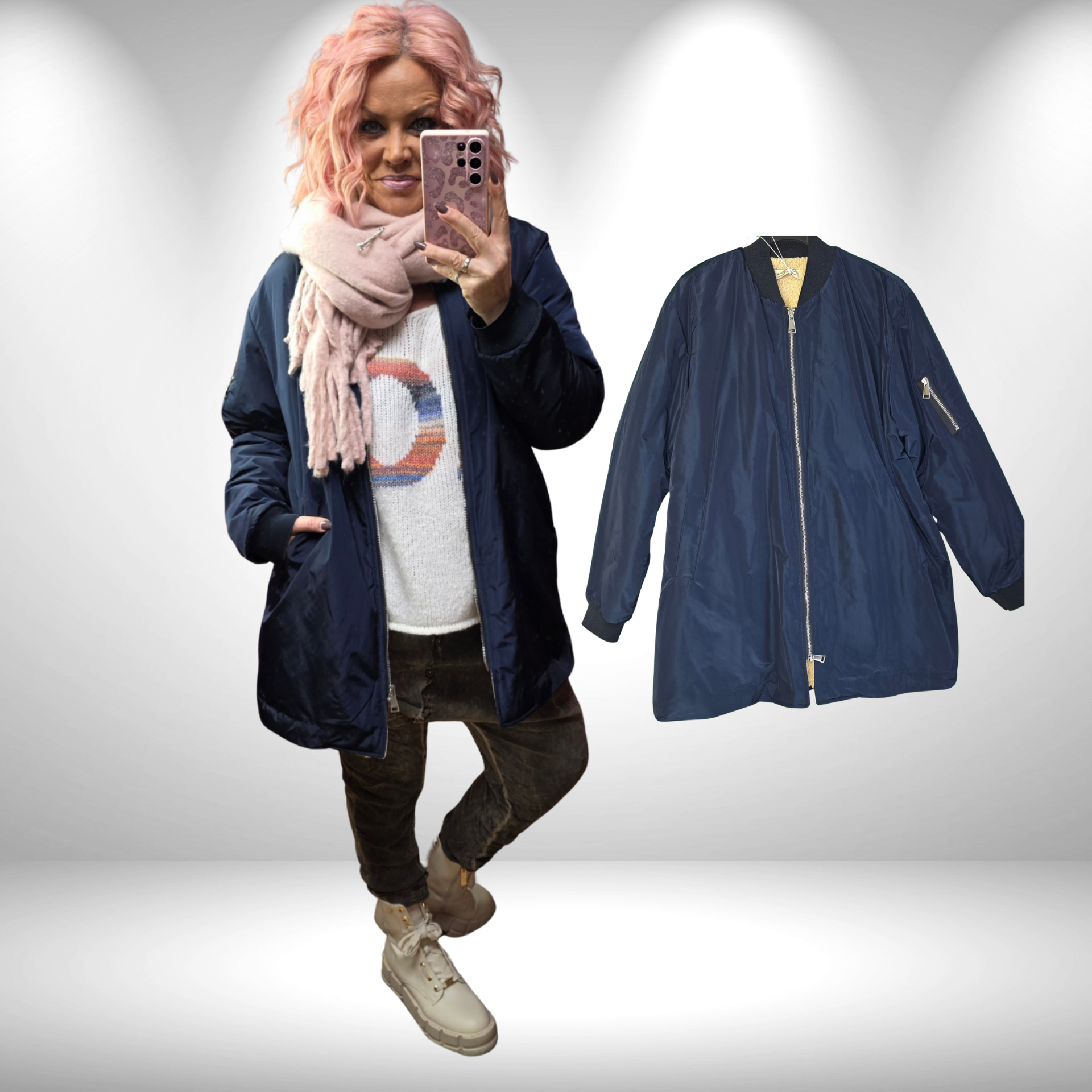 Bomberjacke halblang  mit Teddyfutter Dunkelblau 