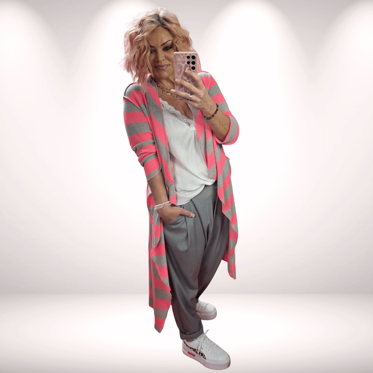 Long Cardigan „Stripes“ - Pink-Grau