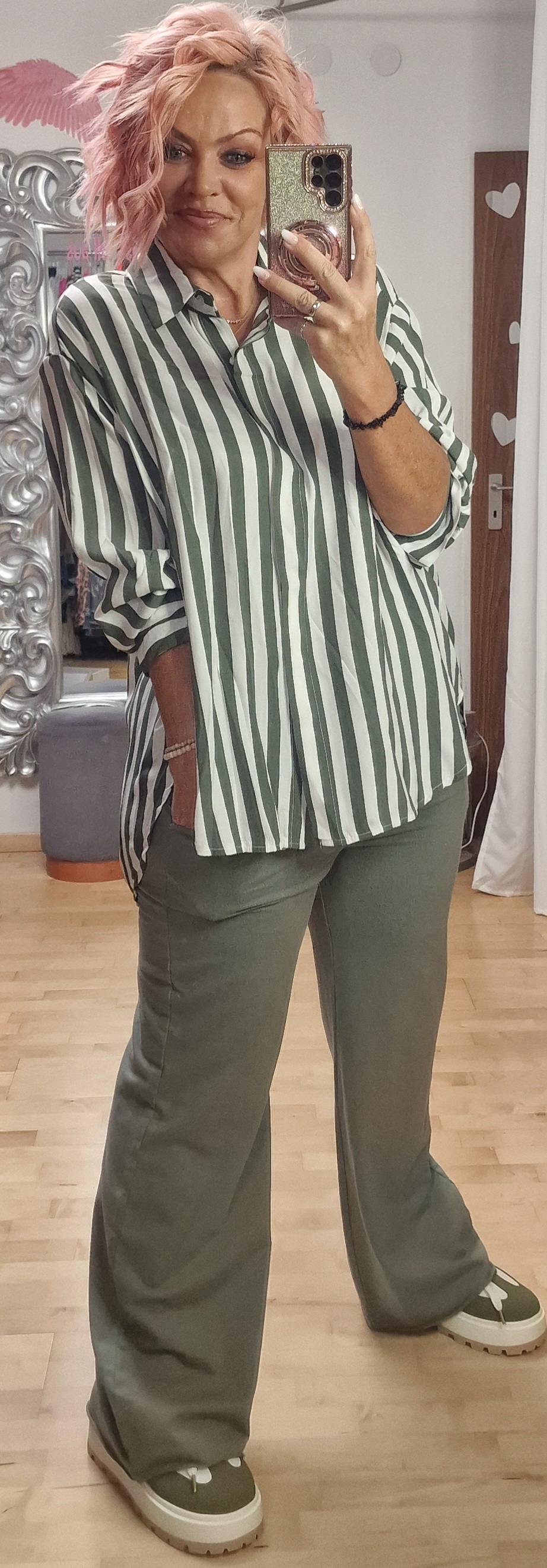 Bluse Stripes Weiß-Khaki 