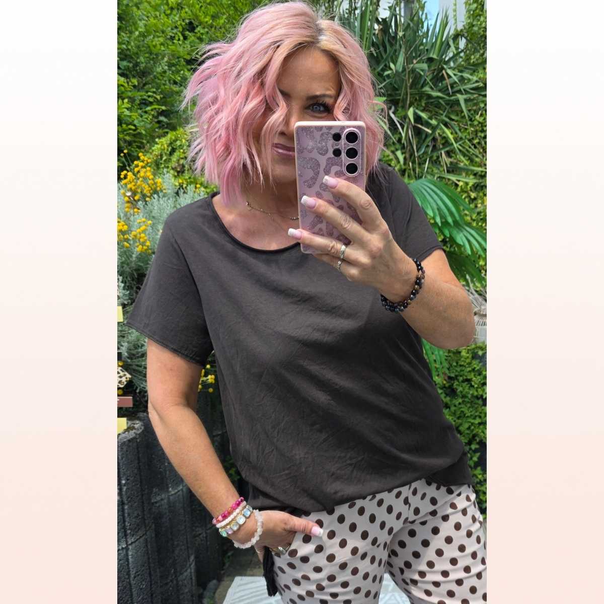 Vokuhila Shirt rundhals – Schoko 