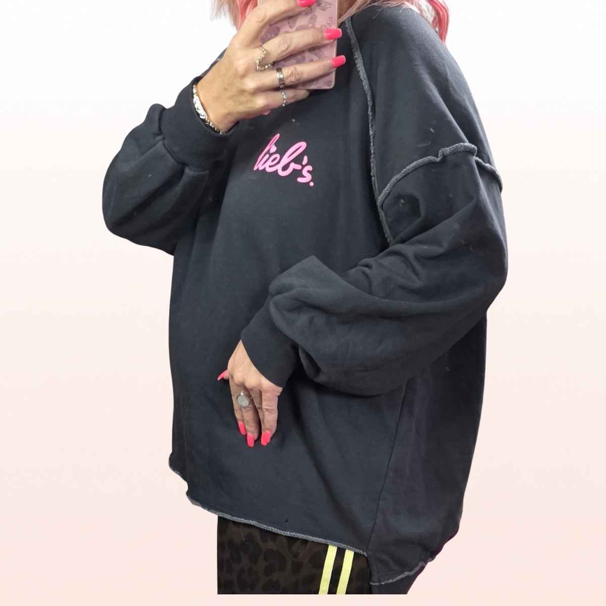 Sweater long „Lieb’s“ Dunkelgrau-Pink – Small Print