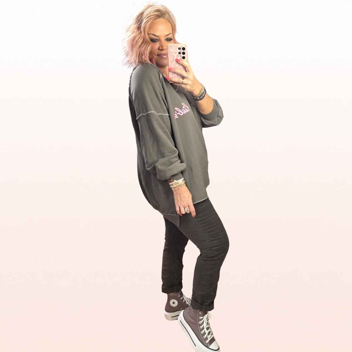 Sweater long  „Lieb’s“ Taupe-Pink – Small Print