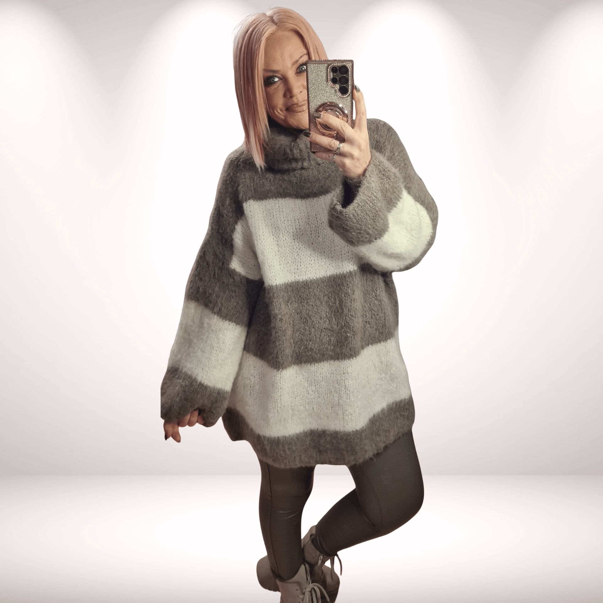  Cozy Long Pulli Kleid Stripes Creme