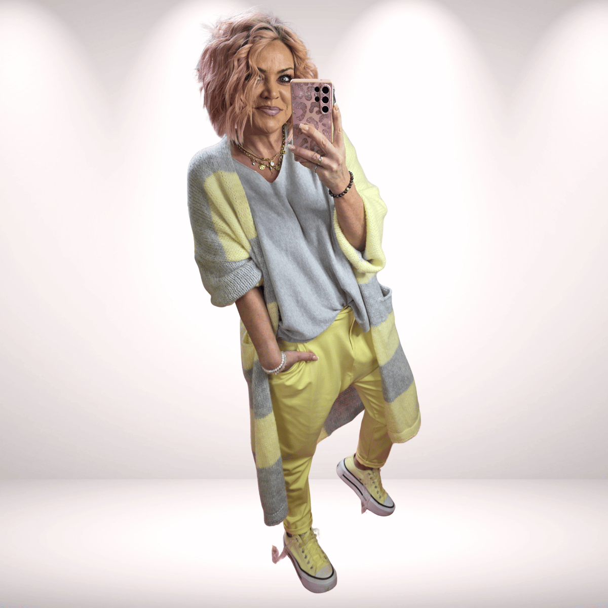 Long Cardigan „Schachbrettmuster“ - Gelb-Grau