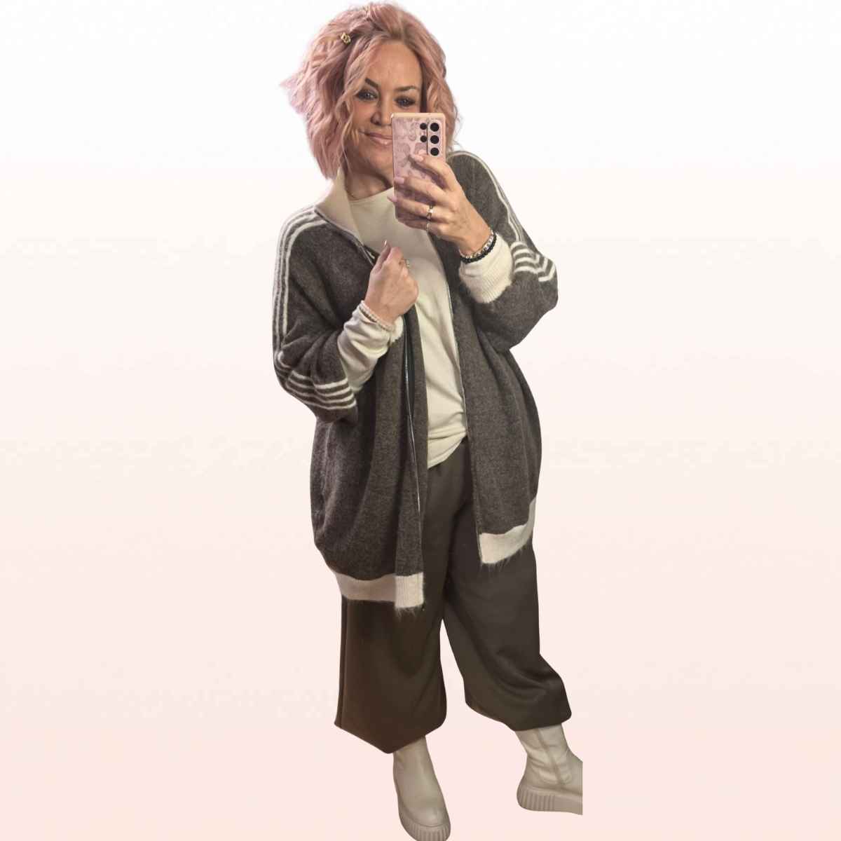 Oversize Strickjacke Stripes Taupe-Creme – sportlicher Zip-Cardigan