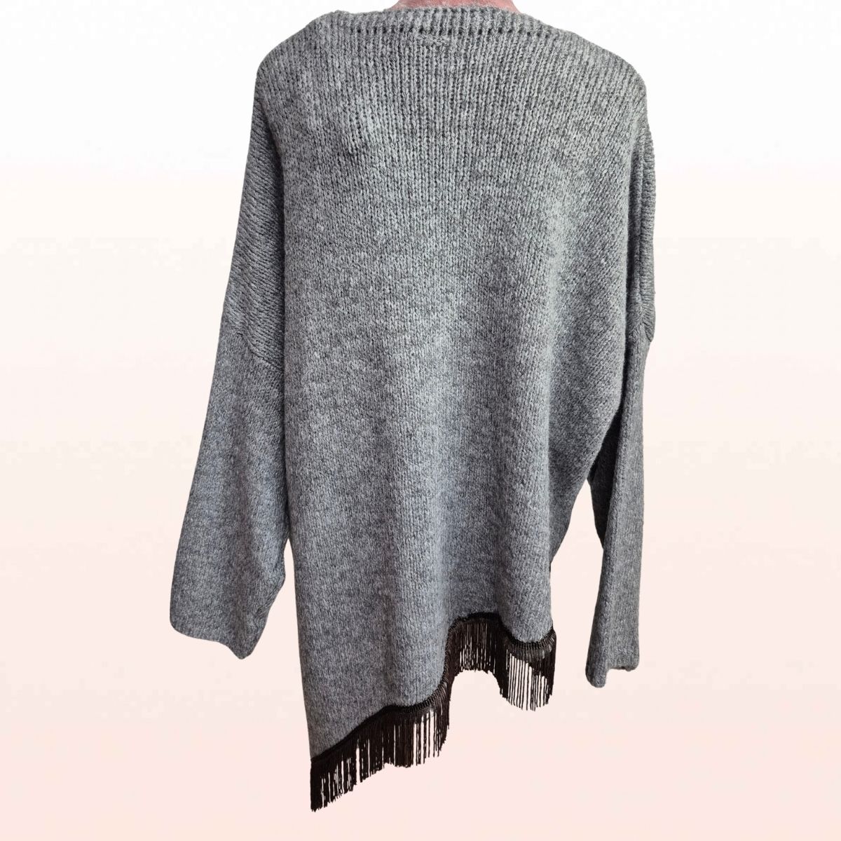 Asymmetrischer Fransenpullover Hellgrau meliert – Western Style