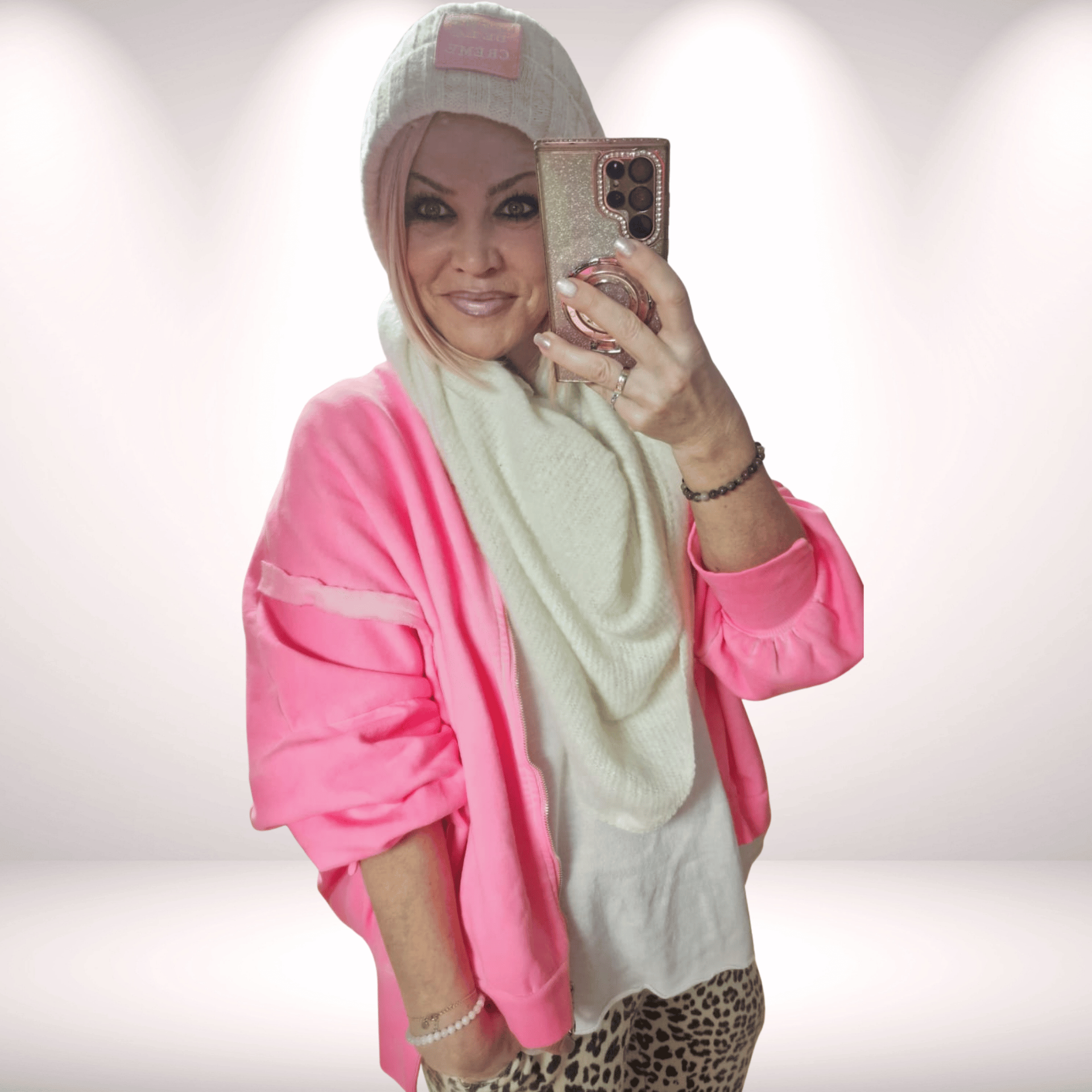 Sweatjacke neonpink – Vokuhila-Schnitt