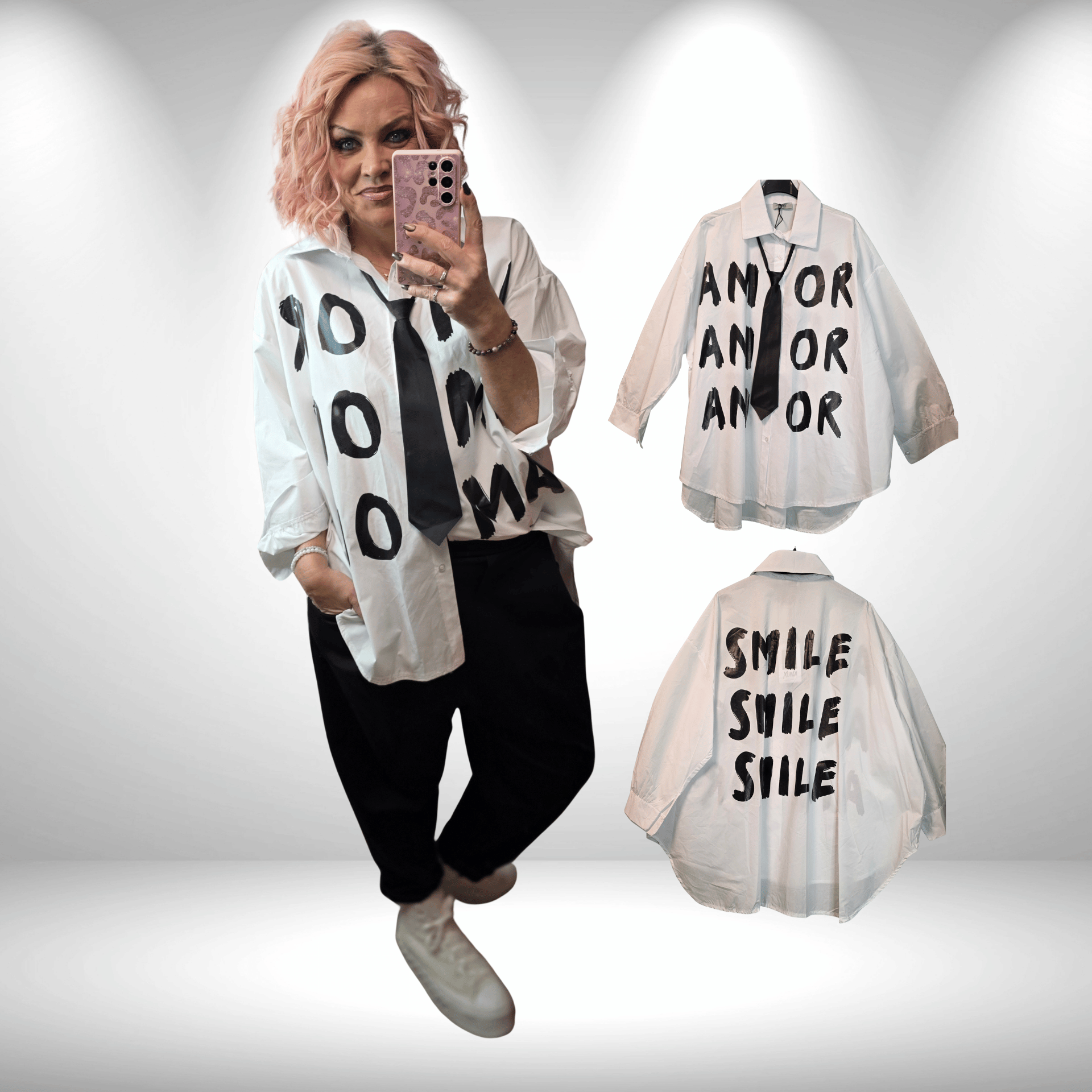 Festliche Bluse mit Krawatte AMOR print