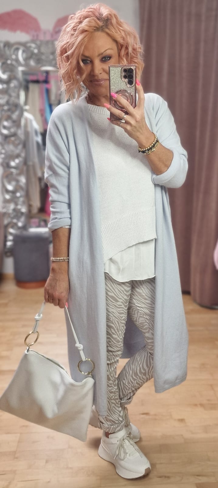 Longstrickjacke Taupe  & Hellblau 