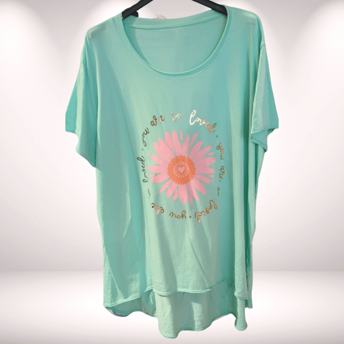 T-Shirt mit Blume & goldener Aufschrift – Türkis