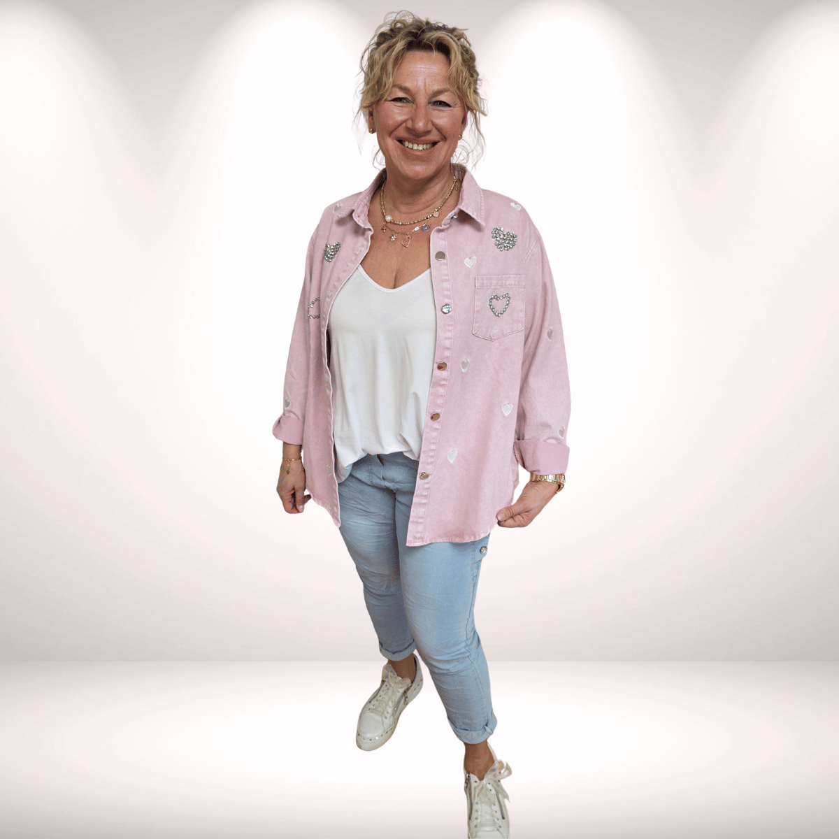 Jeanshemd Rose „Heart“ – Glitzer & Stickerei | Limited Edition