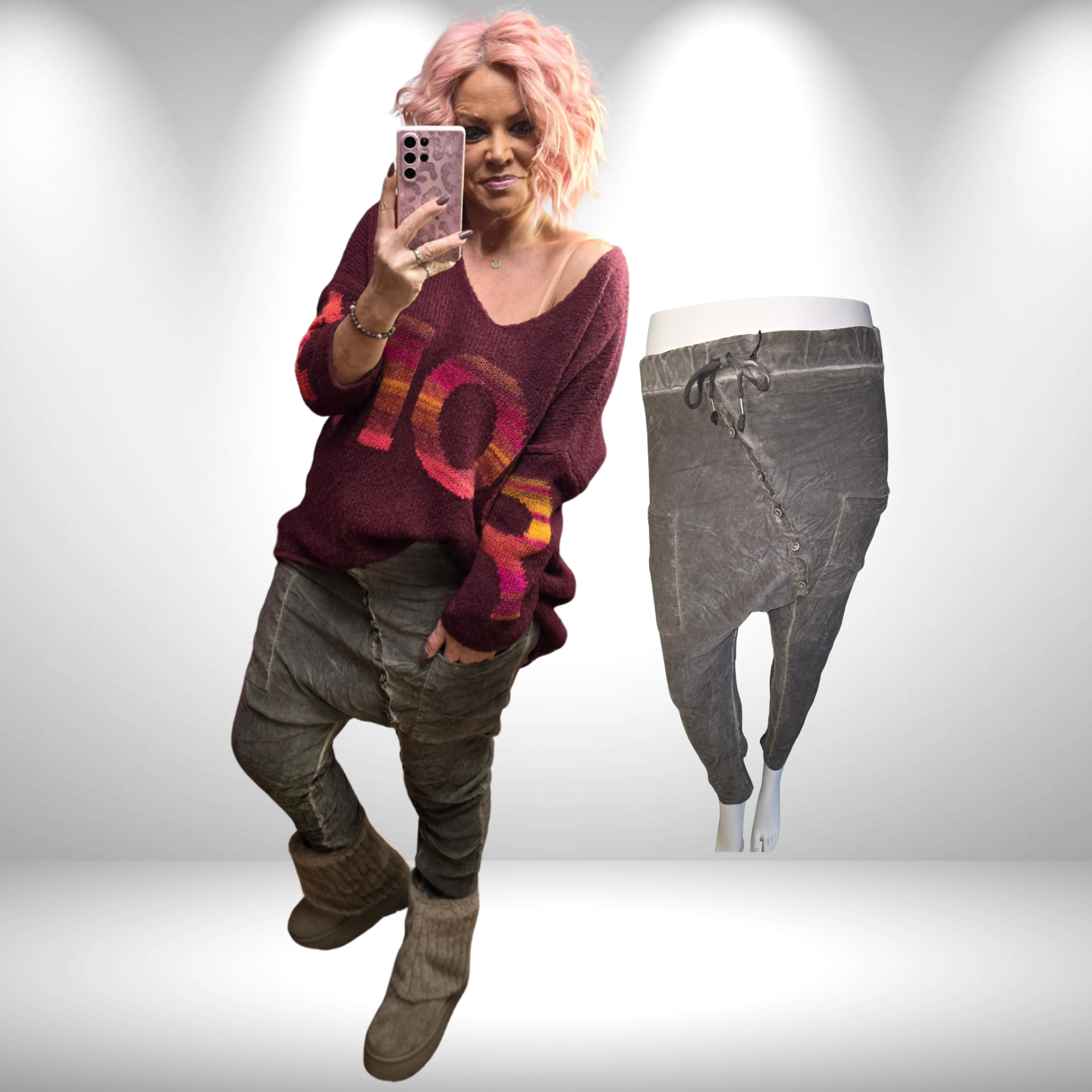 Baggy Hose Waschleder-Look – Taupe