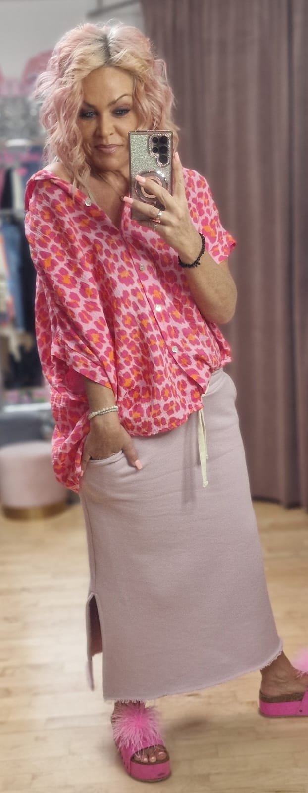 Leo Musselin Bluse Pink&Rot kurzarm