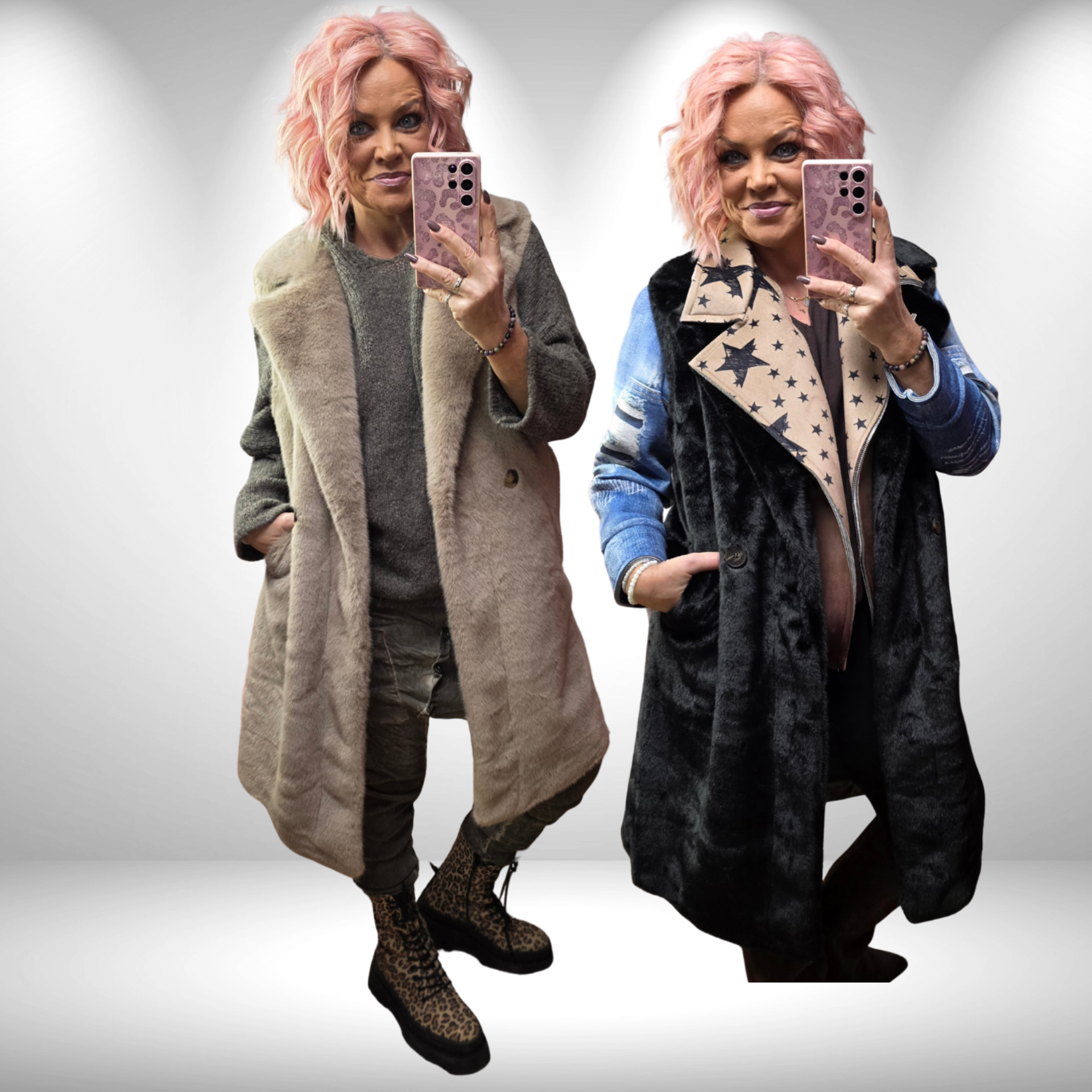  Fellweste long QUEEN Taupe & Schwarz