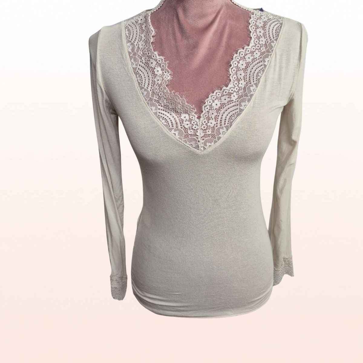 Longsleeve Cashmere mit Spitze – Offwhite