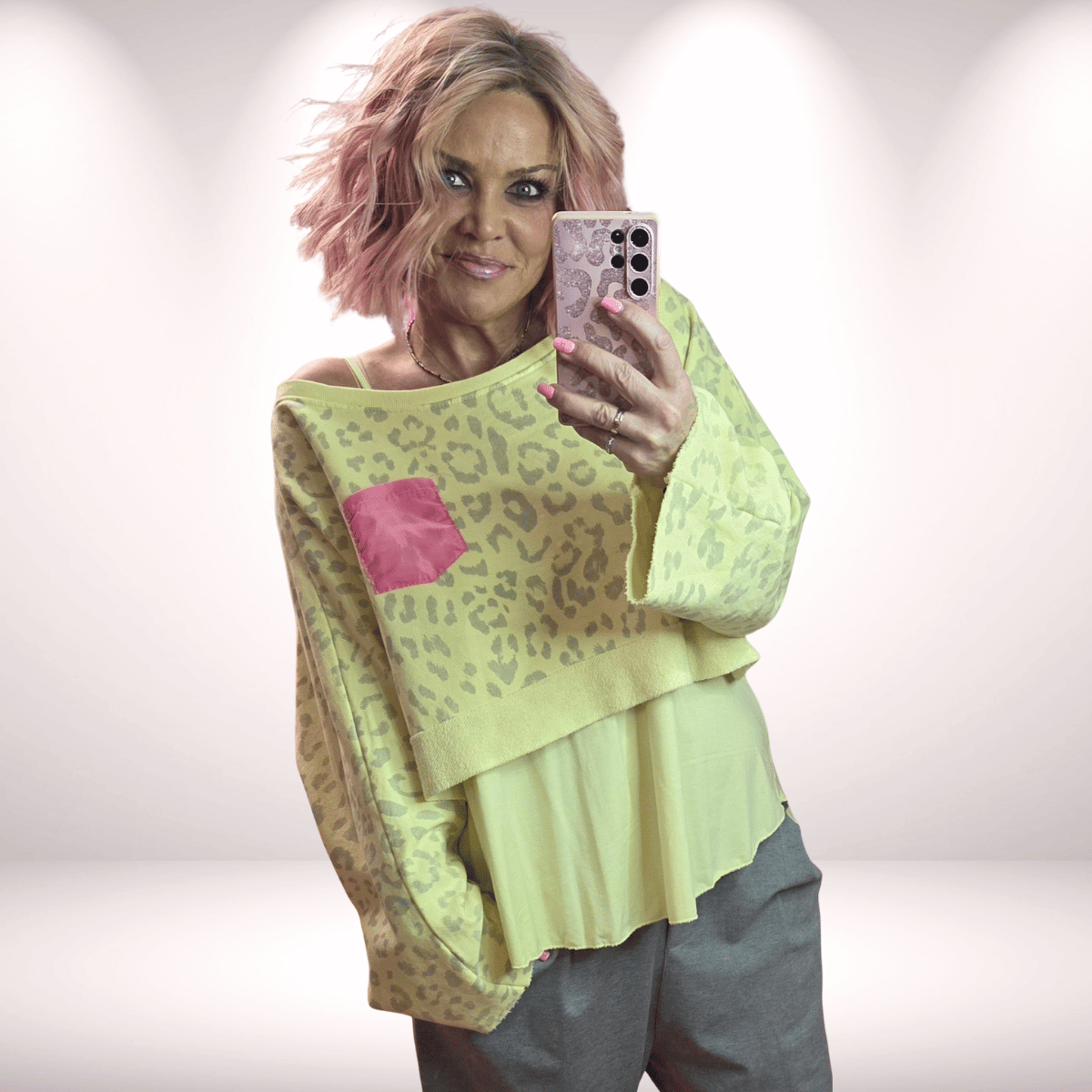 Crop Pulli Sweat – mit pinker Tasche - gelb