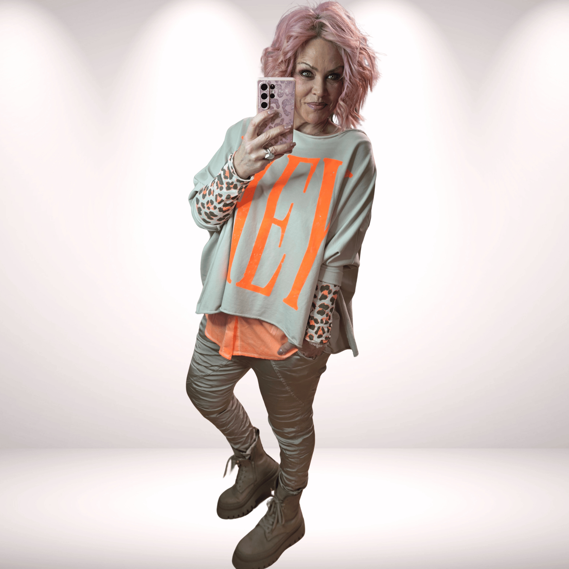 Poncho Sweater „HEY YOU“  Beige neonorange