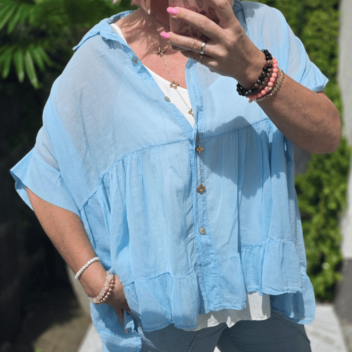 Kaschier Bluse mit Volant Hellblau 