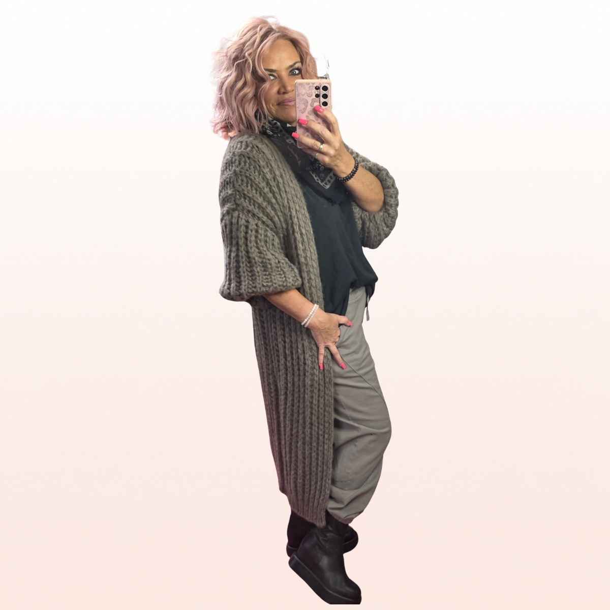 Long Grobstrick Cardigan Taupe