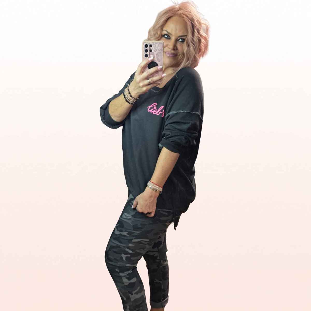 Sweater long „Lieb’s“ Dunkelgrau Anthrazit-Pink – Small Print