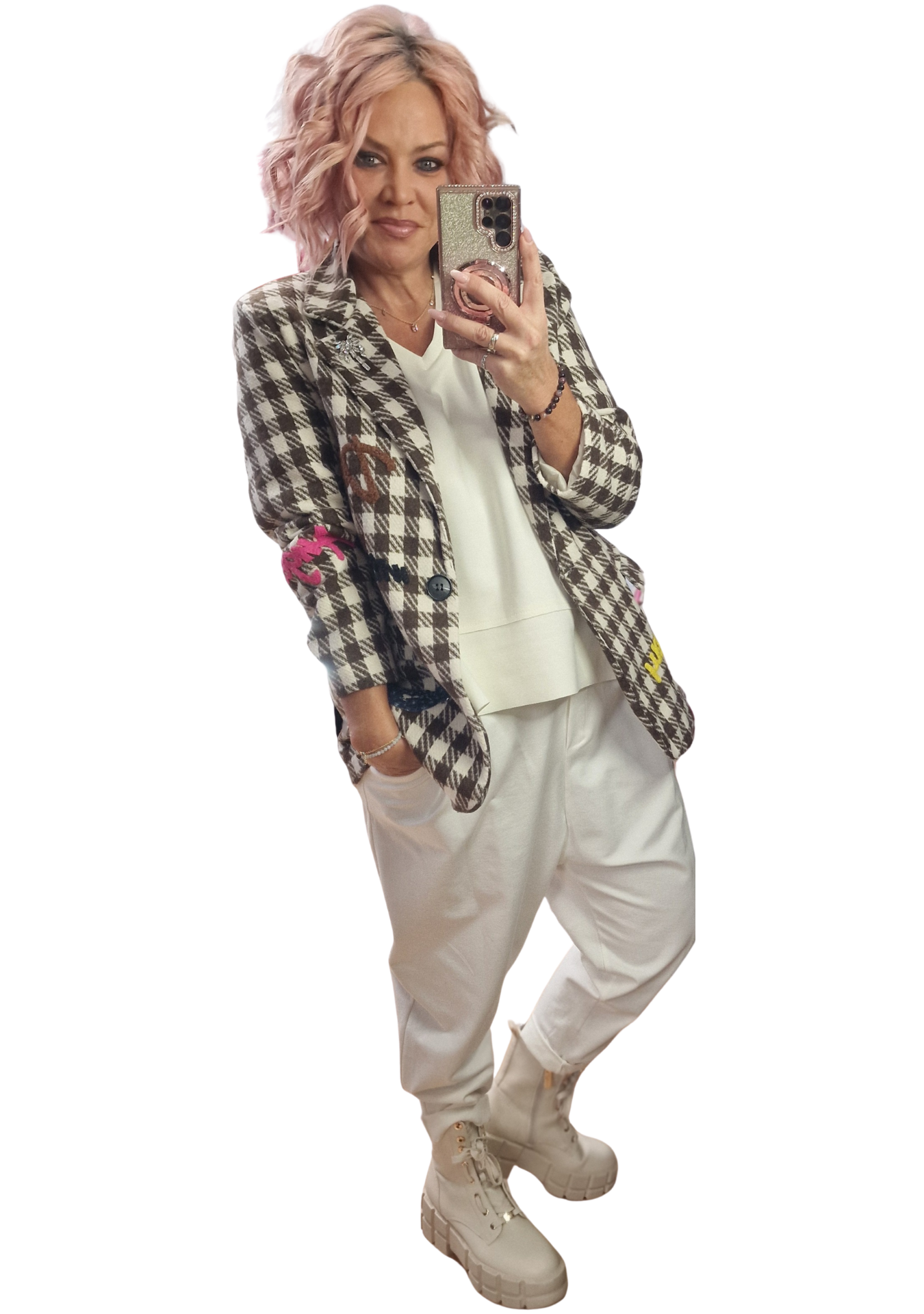 Blazer Schoko-Offwhite Kariert mit Patches