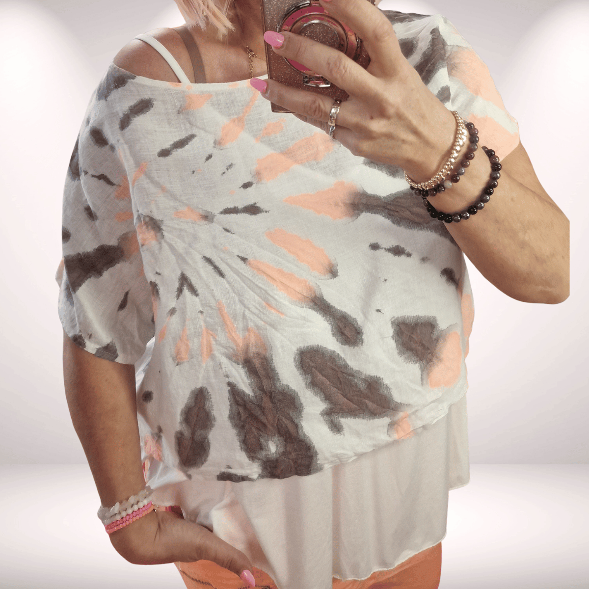 Crope Leinen - Shirt – Batik Schoko Neonorange