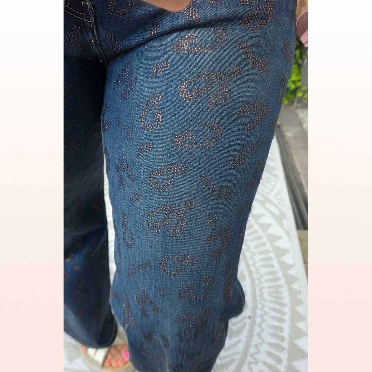 Wide Leg Jeans Leo Shiny Denim Blue mit Glitzersteinen
