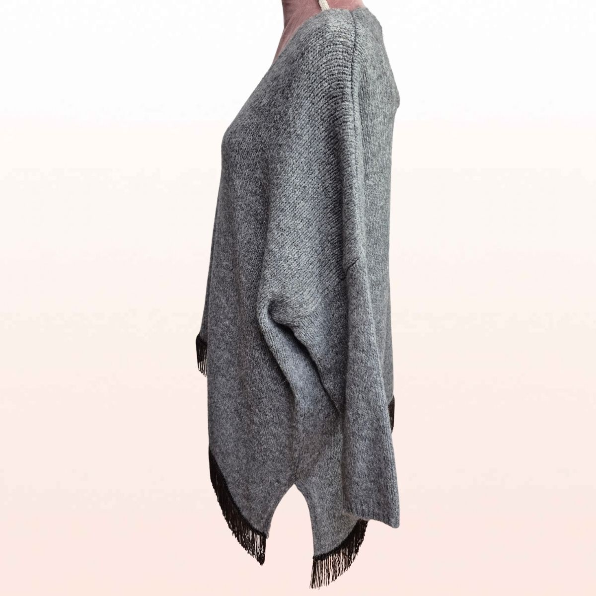 Asymmetrischer Fransenpullover Hellgrau meliert – Western Style
