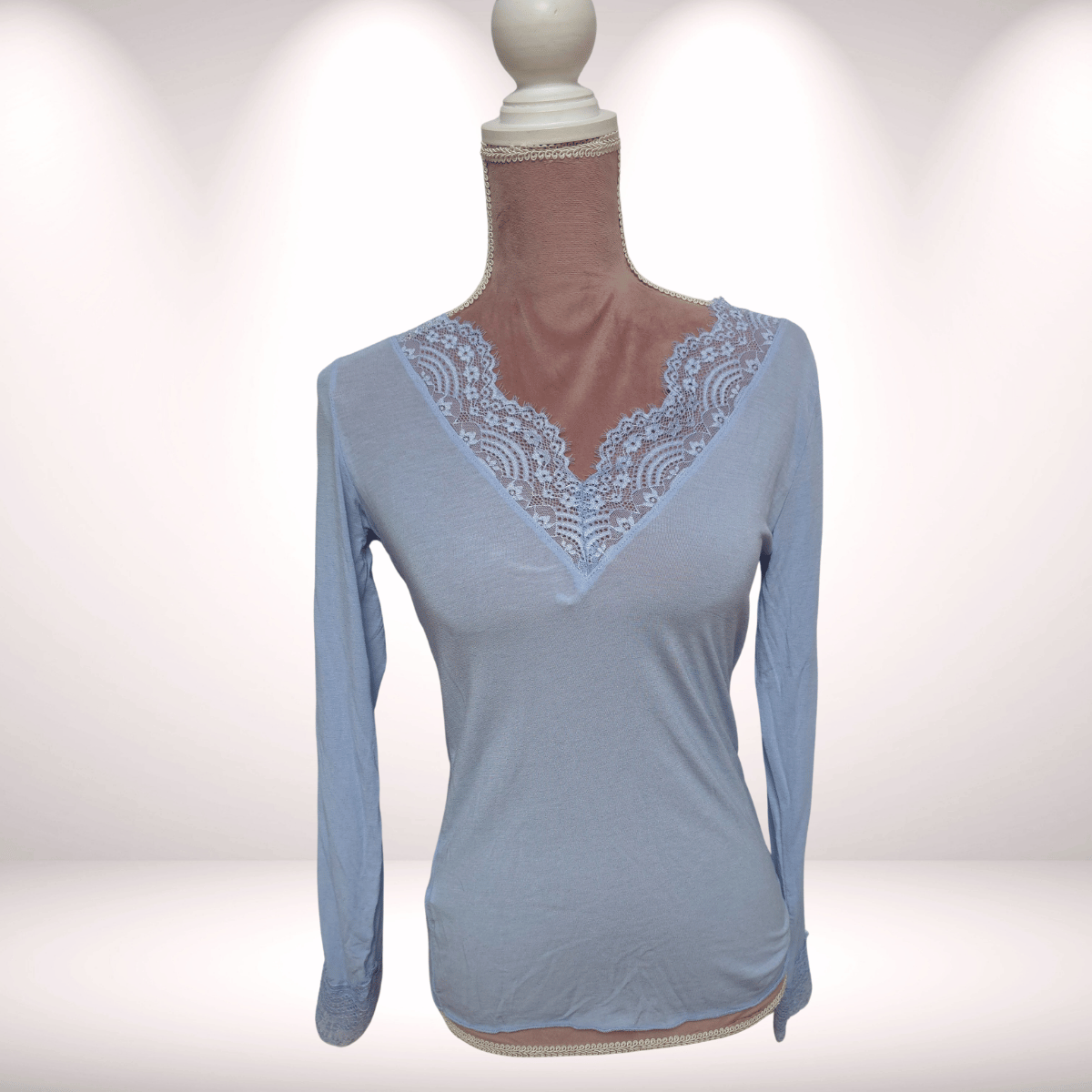 Longsleeve Cashmere mit Spitze - Hellblau 