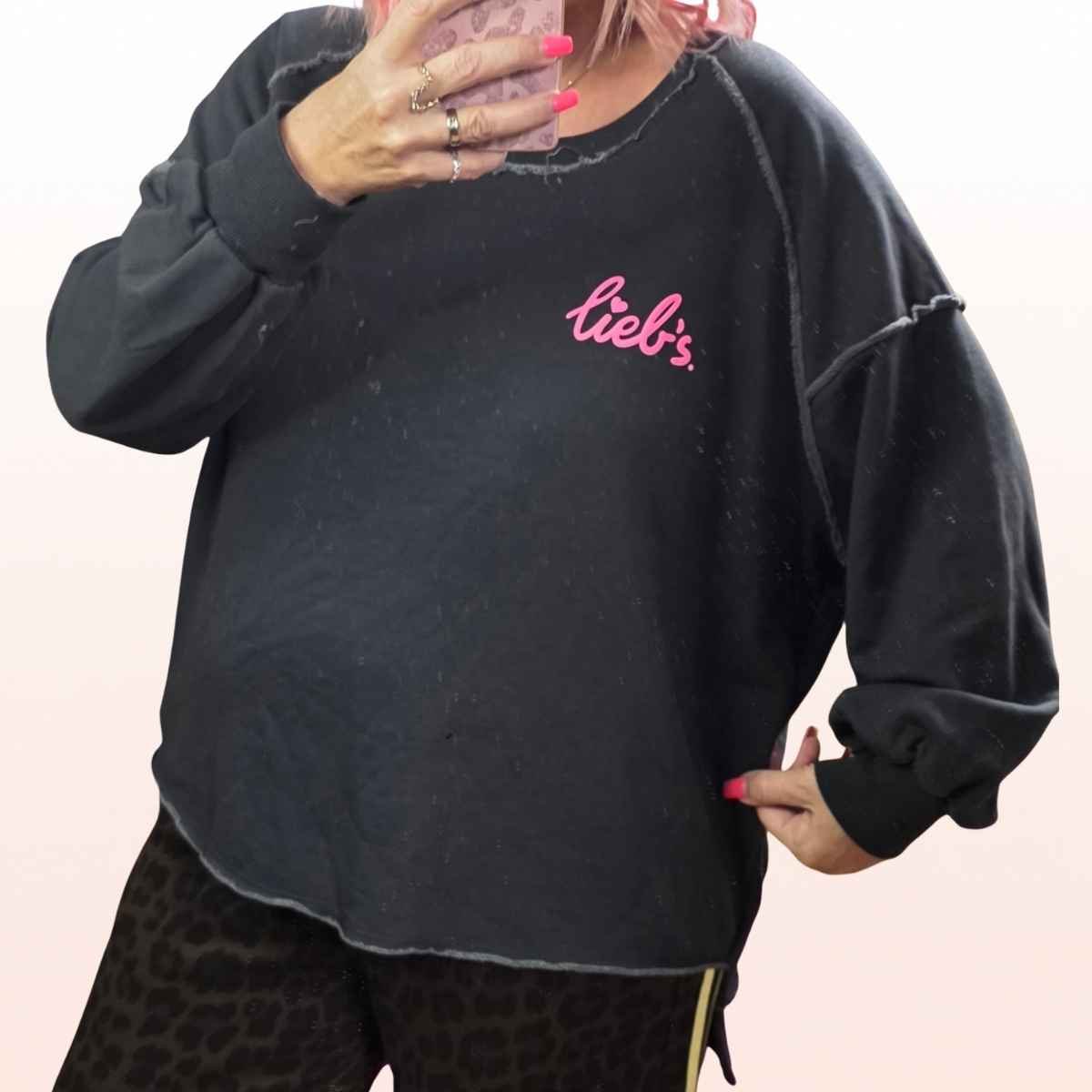 Sweater long „Lieb’s“ Dunkelgrau-Pink – Small Print