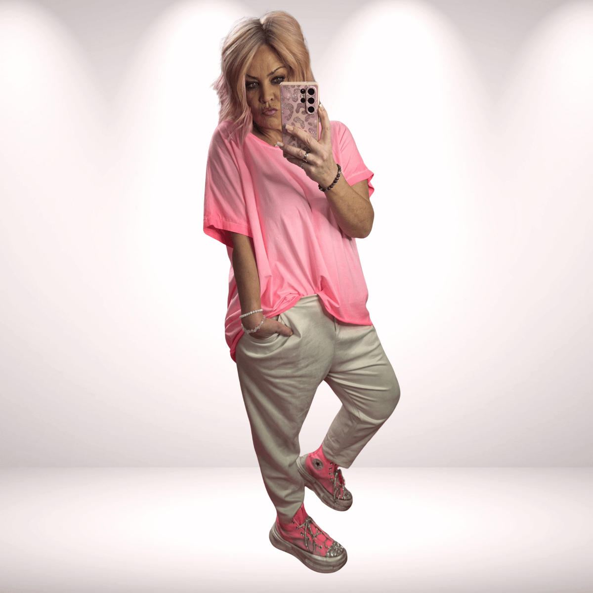 Baggy Hose in Waschleder-Optik – Beige