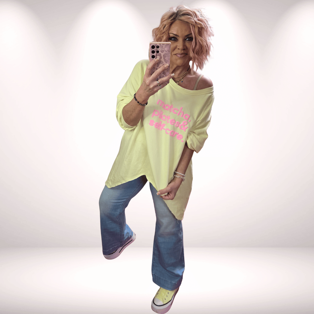 Vokuhila Long Sweaty „Matcha, Pilates & Selfcare“ - Gelb 