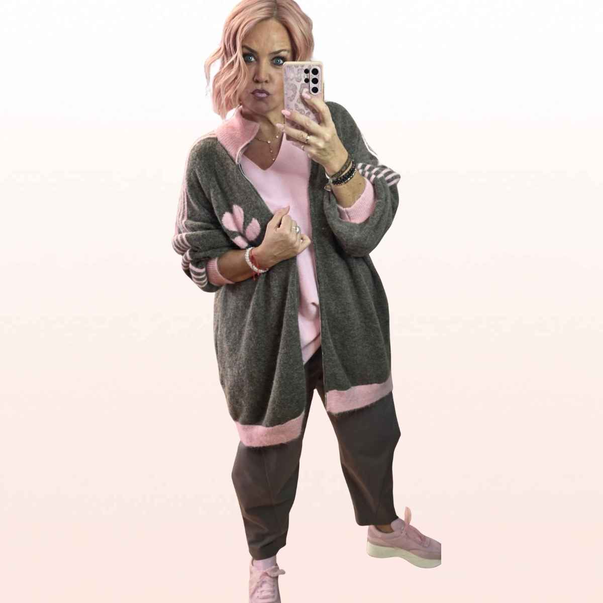 Oversize Strickjacke Stripes Taupe-Rosa – sportlicher Zip-Cardigan