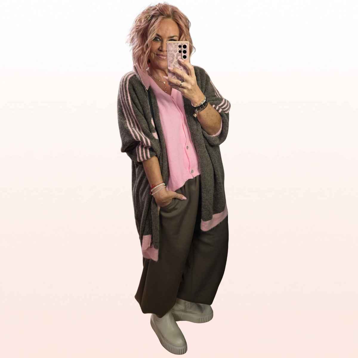 Oversize Strickjacke Stripes Taupe-Rosa – sportlicher Zip-Cardigan