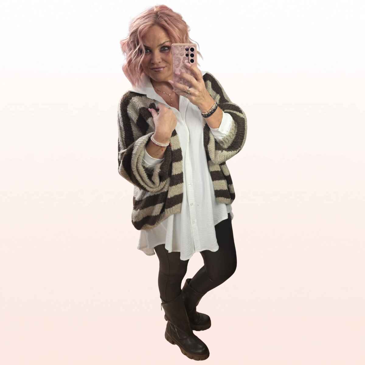 Strickjacke Stripes Schoko-Beige trendy weite Ärmel