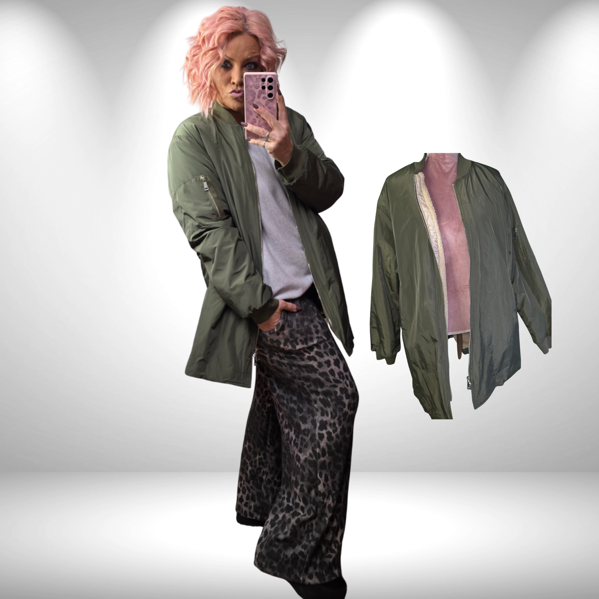  Bomberjacke  halblang mit Teddyfutter Khaki