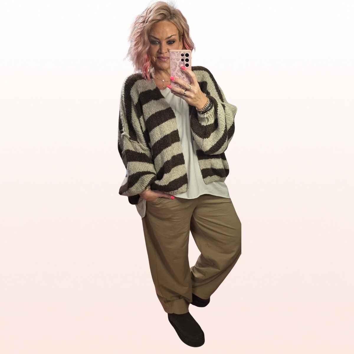 Strickjacke Stripes Schoko-Beige trendy weite Ärmel