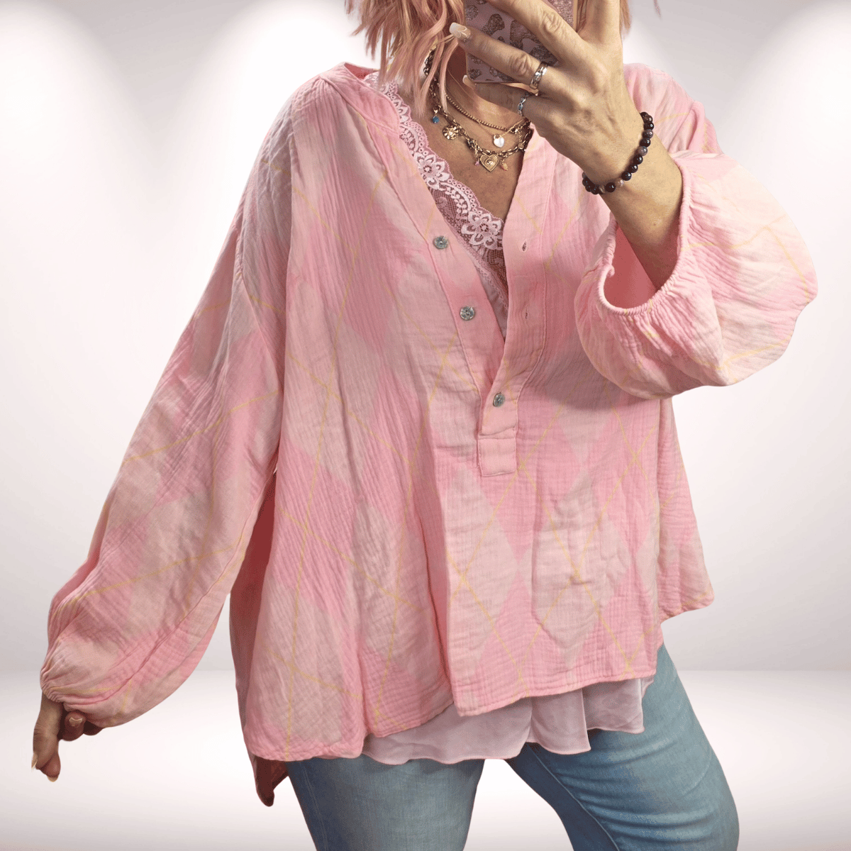 Musselin-Bluse – Peach/Rosa Karomusterung