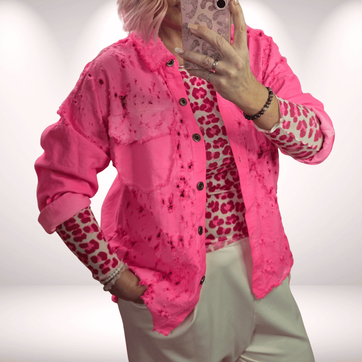  Ripped Jeanshemd – neonpink 