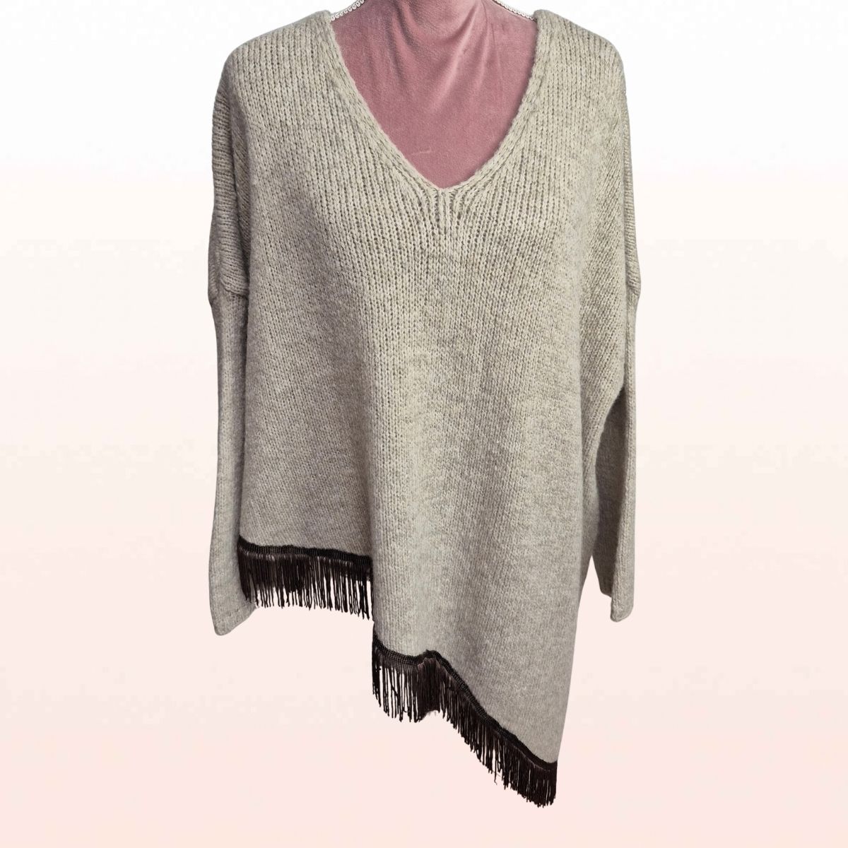 Asymmetrischer Fransenpullover Beige meliert – Western Style