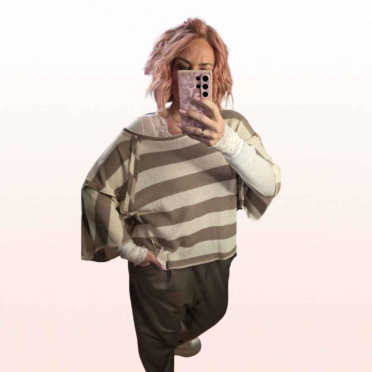 Poncho/Pulli „Stripes“ - Taupe Creme
