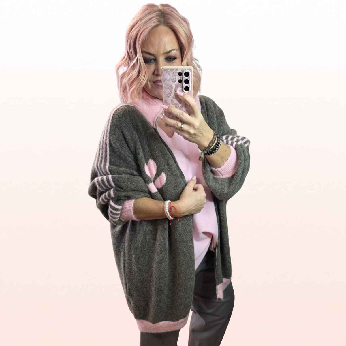 Oversize Strickjacke Stripes Taupe-Rosa – sportlicher Zip-Cardigan