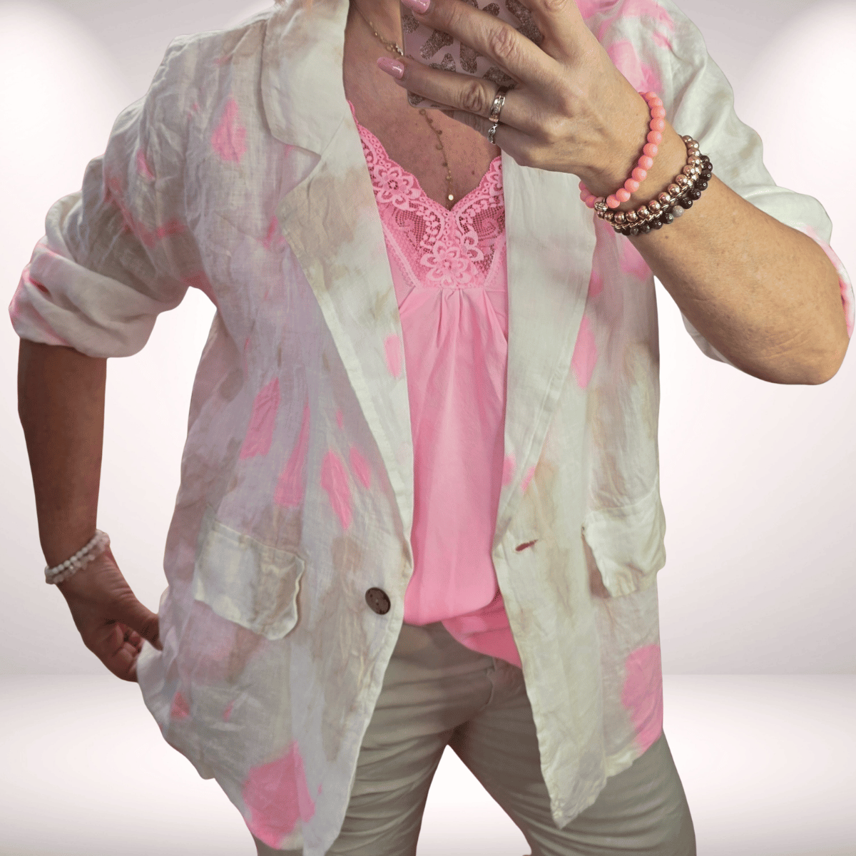 Batik Leinen-Blazer – Neonpink/Beige/Butter
