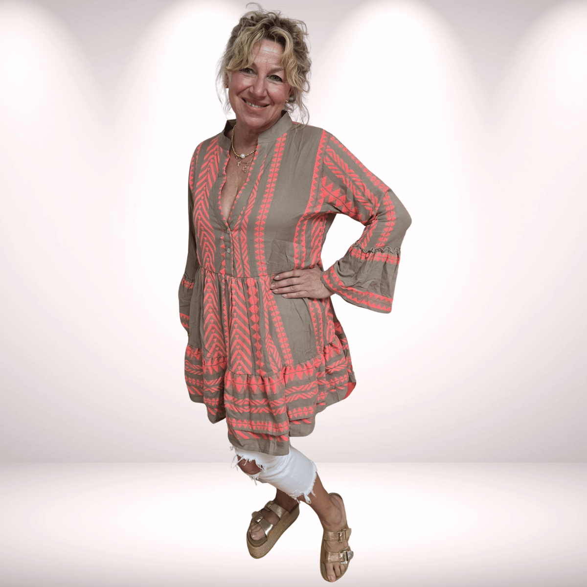 Boho Tunika – mit Neonpinkstickerei - khaki