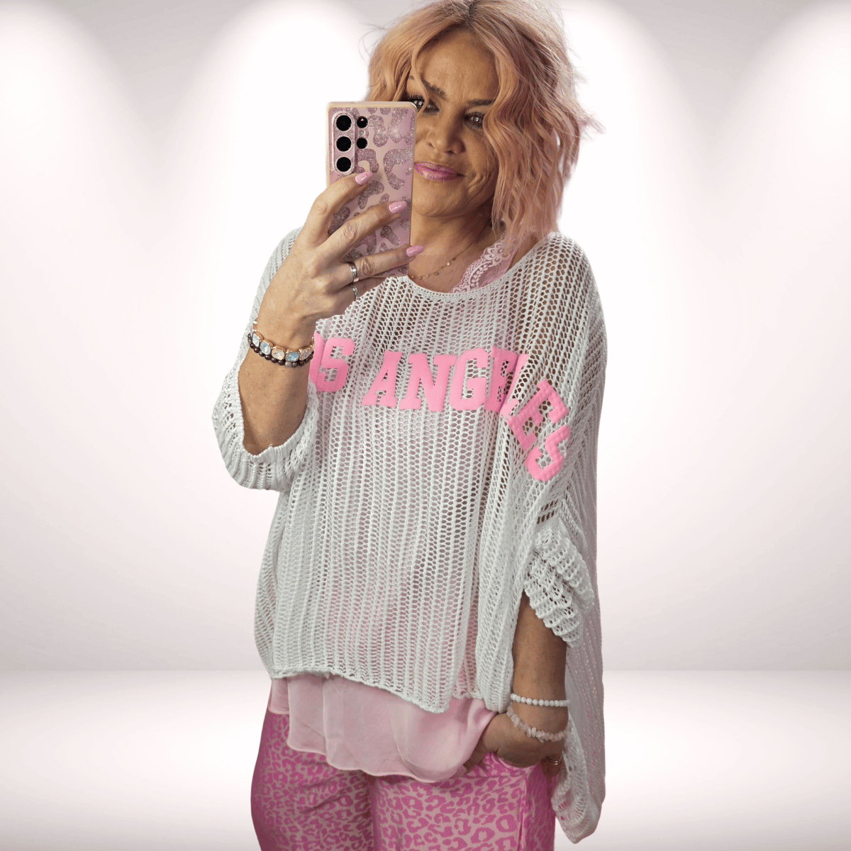 Netzpulli „Los Angeles“ Print Neonrosa – Weiß