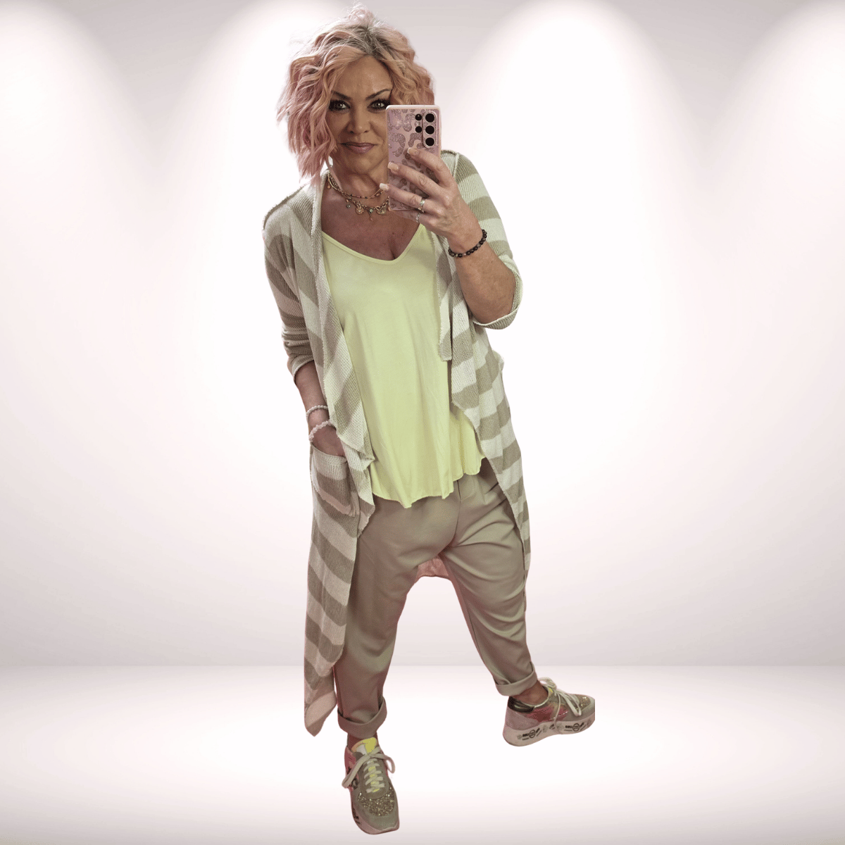 Long Cardigan „Stripes“ - Beige-Offwhite