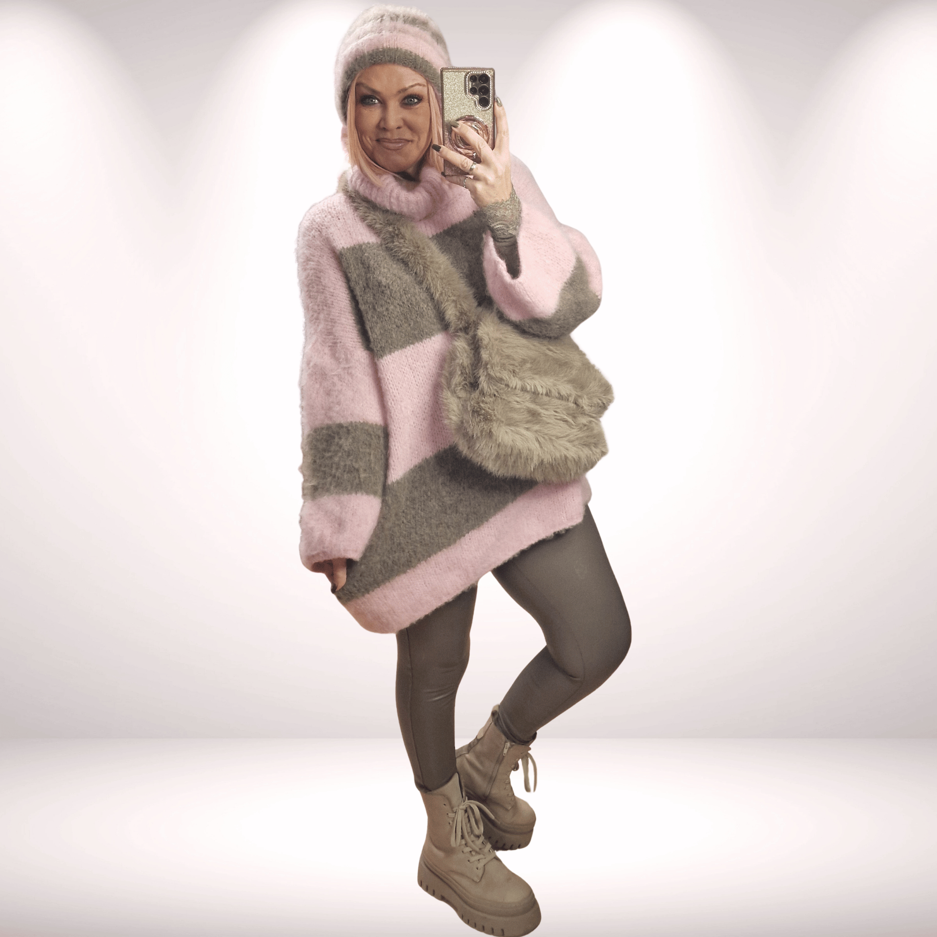 Cozy Long Pulli Kleid Stripes Rose