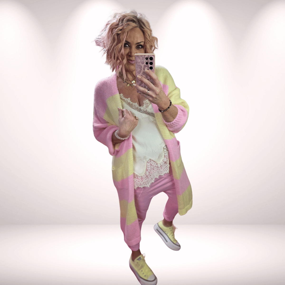 Long Cardigan „Schachbrettmuster“ - Gelb-Rosa